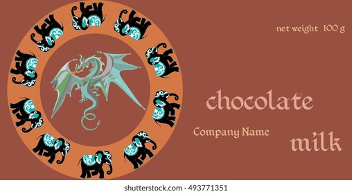 Vector handmade chocolate packaging design. Template with fairy green dragon and black elephants.