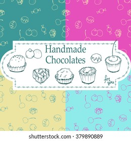 Vector handmade chocolates packaging templates and design elements for candy shop - cardboard with emblems and logos and seamless patterns.