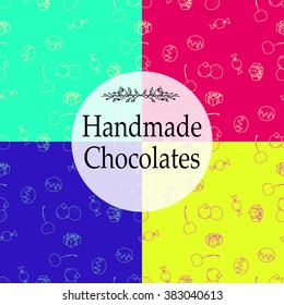Vector handmade chocolates packaging templates and design elements for candy shop - cardboard with emblems and logos and seamless patterns.