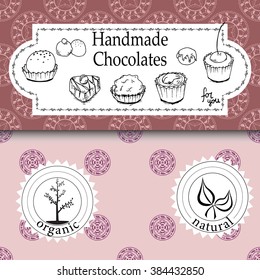 Vector handmade chocolates packaging templates and design elements for candy shop - cardboard with emblems and logos and seamless patterns.