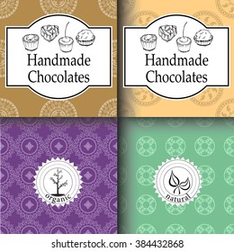 Vector handmade chocolates packaging templates and design elements for candy shop - cardboard with emblems and logos and seamless patterns.