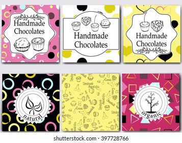 Vector handmade chocolates packaging templates and design elements for candy shop - cardboard with emblems and logos and seamless patterns.