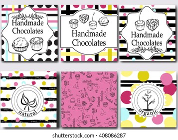 Vector handmade chocolates packaging templates and design elements for candy shop - cardboard with emblems and logos and seamless patterns.