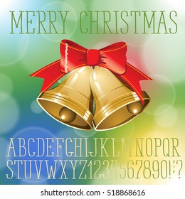 Vector handmade Christmas alphabet. Background with bells and Christmas tree decorations