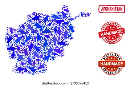 Vector handmade collage of Afghanistan map and rubber seals. Mosaic Afghanistan map is created with randomized blue hands. Rounded and crooked red watermarks with scratched rubber texture.