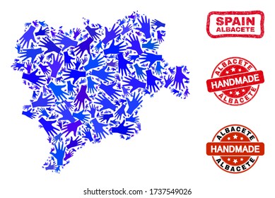 Vector handmade collage of Albacete Province map and rubber seals. Mosaic Albacete Province map is formed of randomized blue hands. Rounded and crooked red seals with distress rubber texture.