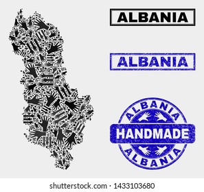 Vector handmade collage of Albania map and rubber stamp seals. Mosaic Albania map is composed with random hands. Blue watermarks with scratched rubber texture.