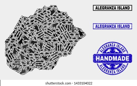Vector handmade collage of Alegranza Island map and rubber seals. Mosaic Alegranza Island map is organized with scattered hands. Blue seals with scratched rubber texture.