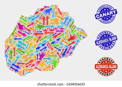 Vector handmade collage of Alegranza Island map and rubber watermarks. Mosaic Alegranza Island map is formed with scattered bright colored hands. Rounded watermarks with scratched rubber texture.