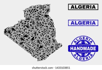 Vector handmade collage of Algeria map and rubber stamps. Mosaic Algeria map is organized with scattered hands. Blue watermarks with corroded rubber texture.
