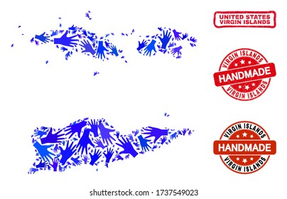 Collage hecho a mano por vectores de mapas de las Islas Vírgenes Americanas y sellos de sellos de goma. El mapa de las Islas Vírgenes Americanas Mosaicas está diseñado con manos azules dispersas.