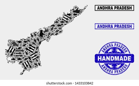 Vector handmade collage of Andhra Pradesh State map and corroded stamp seals. Mosaic Andhra Pradesh State map is formed from randomized hands. Blue seals with corroded rubber texture.