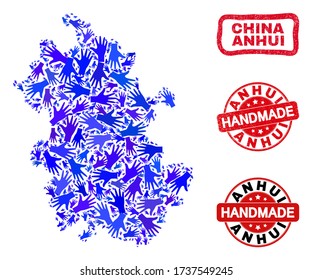 Vector handmade collage of Anhui Province map and rubber seals. Mosaic Anhui Province map is made with scattered blue hands. Rounded and wry red watermarks with unclean rubber texture.