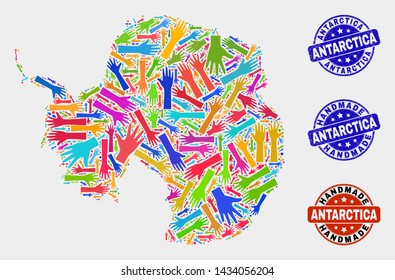 Vector handmade collage of Antarctica continent map and scratched stamp seals. Mosaic Antarctica continent map is made with random bright colorful hands.