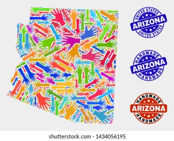 Vector handmade collage of Arizona State map and rubber stamps. Mosaic Arizona State map is done with random bright colorful hands. Rounded seals with grunge rubber texture.
