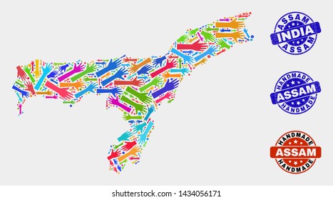 Vector handmade collage of Assam State map and rubber seals. Mosaic Assam State map is made with randomized bright colorful hands. Rounded seals with grunge rubber texture.