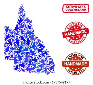 Vector handmade collage of Australian Queensland map and scratched stamp seals. Mosaic Australian Queensland map is composed of random blue hands.