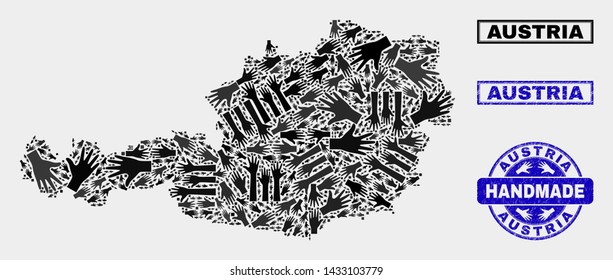 Vector handmade collage of Austria map and rubber stamp seals. Mosaic Austria map is composed of scattered hands. Blue stamp imprints with grunge rubber texture.