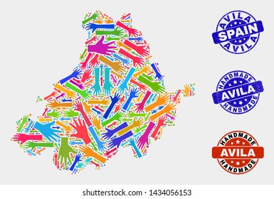 Vector handmade collage of Avila Province map and textured stamp seals. Mosaic Avila Province map is created of randomized bright colored hands. Rounded stamp imprints with distress rubber texture.
