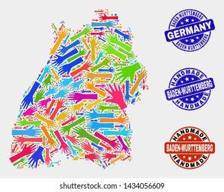 Vector handmade collage of Baden-Wurttemberg Land map and corroded seals. Mosaic Baden-Wurttemberg Land map is made from scattered bright colorful hands. Rounded seals with corroded rubber texture.