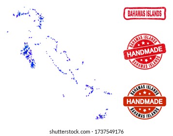 Vector handmade collage of Bahamas Islands map and dirty stamp seals. Mosaic Bahamas Islands map is organized with random blue hands. Rounded and crooked red seals with unclean rubber texture.