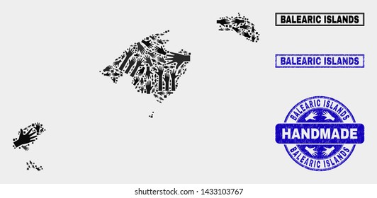 Vector handmade collage of Balearic Islands map and corroded stamp seals. Mosaic Balearic Islands map is created with randomized hands. Blue stamp imprints with corroded rubber texture.