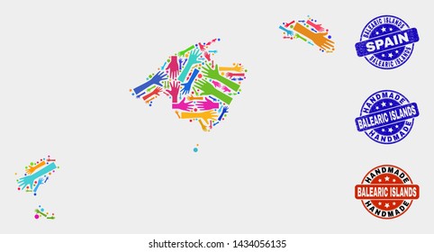 Vector handmade collage of Balearic Islands map and scratched seals. Mosaic Balearic Islands map is made from randomized bright colored hands. Rounded seals with scratched rubber texture.
