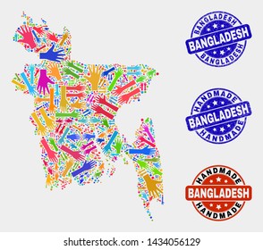 Vector handmade collage of Bangladesh map and dirty stamp seals. Mosaic Bangladesh map is made from scattered bright colorful hands. Rounded stamp imprints with grunge rubber texture.