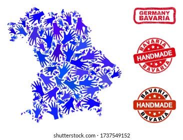 Vector handgefertigte Collage aus bayerischer Landkarte und texturierte Siegel. Mosaik Bavaria Landkarte ist mit zufällig blauen Händen zusammengesetzt. Rote und abgerundete Dichtungen mit korrodierter Gummistruktur.