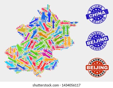 Vector handmade collage of Beijing City map and grunge seals. Mosaic Beijing City map is designed with scattered bright colored hands. Rounded seals with grunge rubber texture.