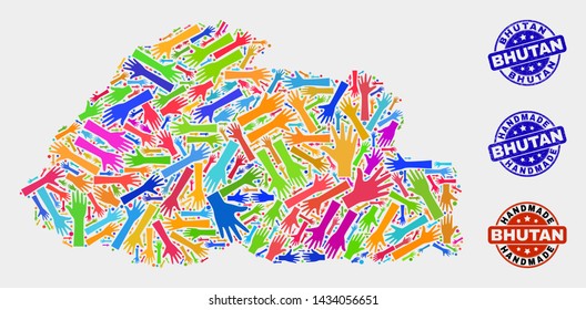 Vector handmade collage of Bhutan map and rubber watermarks. Mosaic Bhutan map is designed of randomized bright colorful hands. Rounded watermarks with grunge rubber texture.
