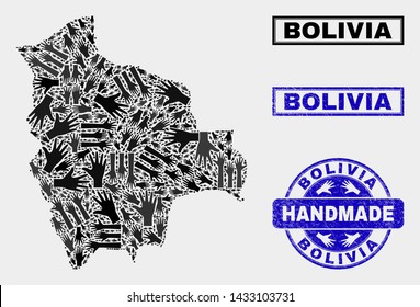 Vector handmade collage of Bolivia map and grunge watermarks. Mosaic Bolivia map is created from randomized hands. Blue watermarks with grunge rubber texture.