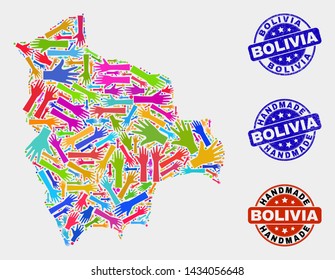 Vector handmade collage of Bolivia map and corroded watermarks. Mosaic Bolivia map is formed with random bright colored hands. Rounded watermarks with grunge rubber texture.