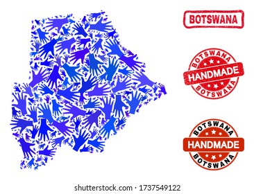 Vector handmade collage of Botswana map and rubber stamp seals. Mosaic Botswana map is constructed with randomized blue hands. Rounded and awry red stamp imprints with corroded rubber texture.