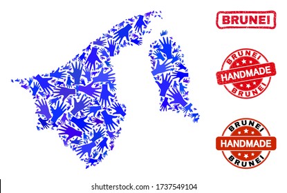 Vector handmade collage of Brunei map and grunge watermarks. Mosaic Brunei map is designed of randomized blue hands. Rounded and wry red watermarks with grunge rubber texture.