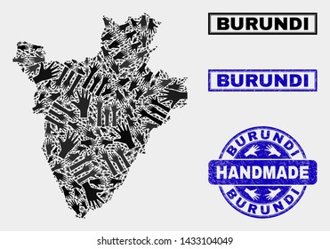 Vector handmade collage of Burundi map and corroded stamp seals. Mosaic Burundi map is composed of scattered hands. Blue seals with unclean rubber texture.