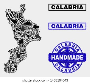 Vector handmade collage of Calabria region map and textured watermarks. Mosaic Calabria region map is done with randomized hands. Blue watermarks with grunge rubber texture.