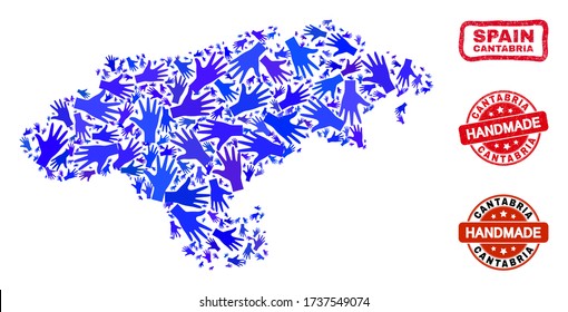 Vector handmade collage of Cantabria Province map and rubber watermarks. Mosaic Cantabria Province map is composed of random blue hands. Rounded and wry red watermarks with scratched rubber texture.