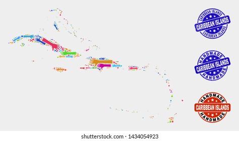 Vector handmade collage of Caribbean Islands map and rubber stamps. Mosaic Caribbean Islands map is composed of randomized bright colorful hands. Rounded watermarks with corroded rubber texture.