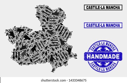 Vector handmade collage of Castile-La Mancha Province map and rubber seals. Mosaic Castile-La Mancha Province map is formed with scattered hands. Blue seals with grunge rubber texture.