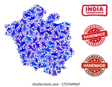 Vector handmade collage of Chandigarh City map and corroded stamp seals. Mosaic Chandigarh City map is done with randomized blue hands. Rounded and rough red seals with corroded rubber texture.
