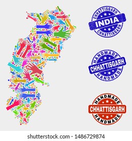 Vector handmade collage of Chhattisgarh State map and rubber seals. Mosaic Chhattisgarh State map is designed of scattered bright colored hands. Rounded seals with distress rubber texture.