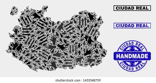 Vector handmade collage of Ciudad Real Province map and rubber seals. Mosaic Ciudad Real Province map is composed with randomized hands. Blue watermarks with grunge rubber texture.