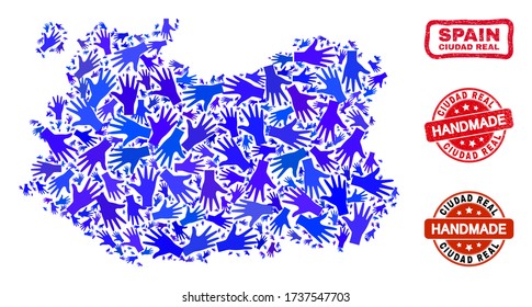Vector handmade collage of Ciudad Real Province map and corroded seals. Mosaic Ciudad Real Province map is done from random blue hands. Rounded and awry red seals with corroded rubber texture.