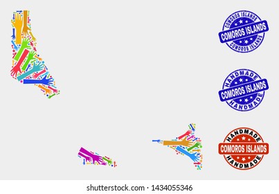 Vector handmade collage of Comoros Islands map and rubber watermarks. Mosaic Comoros Islands map is organized of scattered bright colored hands. Rounded watermarks with corroded rubber texture.