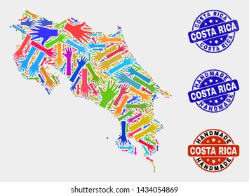 Vector handmade collage of Costa Rica map and grunge stamp seals. Mosaic Costa Rica map is created of scattered bright colorful hands. Rounded stamp imprints with grunge rubber texture.