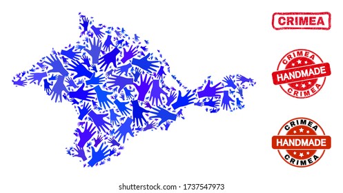 Vector handmade collage of Crimea map and dirty watermarks. Mosaic Crimea map is organized of scattered blue hands. Rounded and crooked red watermarks with unclean rubber texture.