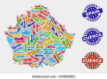 Vector handmade collage of Cuenca Province map and rubber stamp seals. Mosaic Cuenca Province map is created with scattered bright colored hands. Rounded seals with corroded rubber texture.