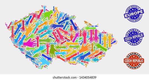 Vector handmade collage of Czech Republic map and unclean stamps. Mosaic Czech Republic map is formed with scattered bright colorful hands. Rounded stamp imprints with unclean rubber texture.