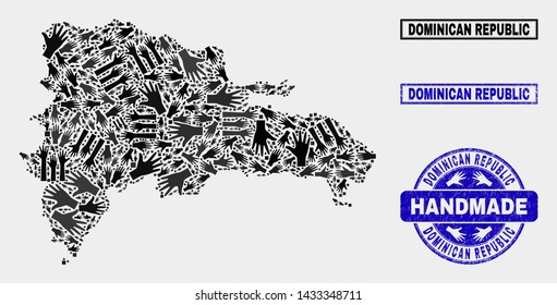 Vector handmade collage of Dominican Republic map and unclean watermarks. Mosaic Dominican Republic map is made with random hands. Blue stamp imprints with unclean rubber texture.
